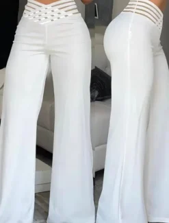 Sale Women's Wide Leg Pants Trousers Fashion Streetwear Work Full Length High Waist Solid Color High Cut Comfort Breathability Soft Micro-elastic Party Daily Wear Robin's Egg Blue Black White Yellow Fall Women Pants