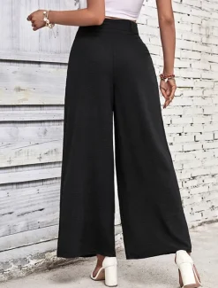 Online Women's Wide Leg Vacation Vintage Ethnic Style Full Length Mid Waist Plain Micro-elastic Vacation Home Office Coffee brown Black Navy Blue Army Green Spring Fall Regular Fit Women Pants