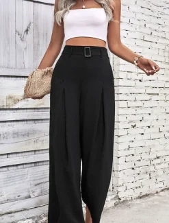 Online Women's Wide Leg Vacation Vintage Ethnic Style Full Length Mid Waist Plain Micro-elastic Vacation Home Office Coffee brown Black Navy Blue Army Green Spring Fall Regular Fit Women Pants