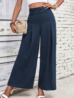 Online Women's Wide Leg Vacation Vintage Ethnic Style Full Length Mid Waist Plain Micro-elastic Vacation Home Office Coffee brown Black Navy Blue Army Green Spring Fall Regular Fit Women Pants