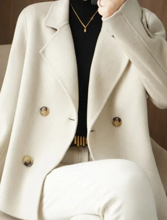New Women's Winter Blazer Coat Fall Double Breasted Lapel Jacket Wool Blend Short Coat with Pockets Warm Black White Camel Women Blazers & Suits