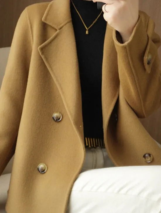 New Women's Winter Blazer Coat Fall Double Breasted Lapel Jacket Wool Blend Short Coat with Pockets Warm Black White Camel Women Blazers & Suits