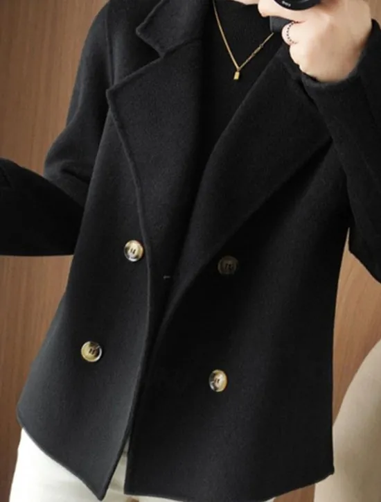 New Women's Winter Blazer Coat Fall Double Breasted Lapel Jacket Wool Blend Short Coat with Pockets Warm Black White Camel Women Blazers & Suits