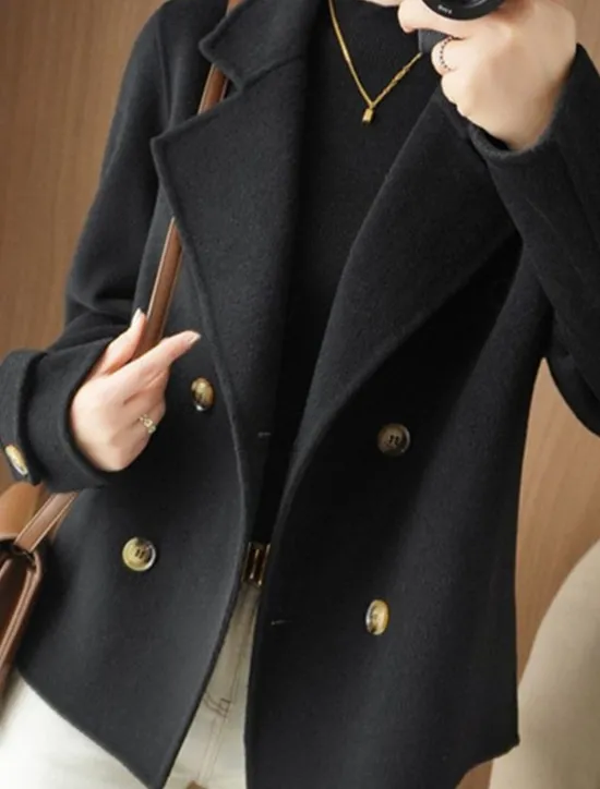 New Women's Winter Blazer Coat Fall Double Breasted Lapel Jacket Wool Blend Short Coat with Pockets Warm Black White Camel Women Blazers & Suits