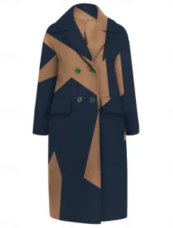 Discount Women's Winter Coat Coat Cloak / Capes Windproof Warm Pocket Casual Street Style Color Block Vacation Work Street Daily Wear Single Breasted Turndown Loose Fit Long Sleeve Outerwear Blue Khaki Fall Women Coats & Trench Coats