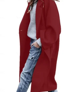 Hot Women's Winter Coat Coat Warm Buttons Daily Modern Solid Color Home Single Breasted Long Turndown Loose Fit Long Sleeve Outerwear Black White Red Spring Fall Women Coats & Trench Coats