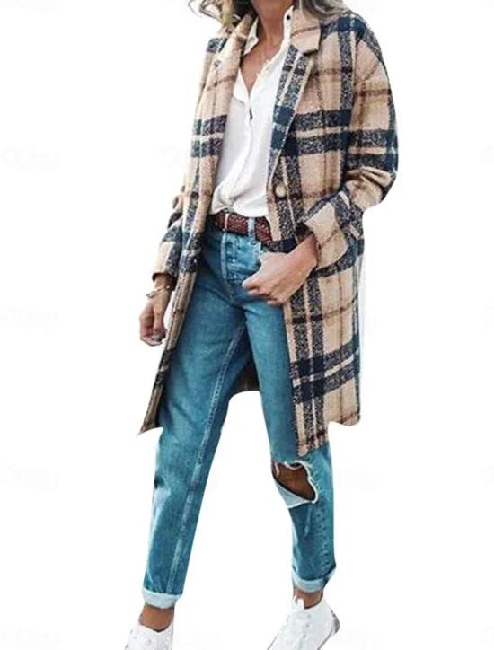Outlet Women's Winter Coat Coat Windproof Warm Pocket Casual Street Style Plaid Vacation Work Street Daily Wear Single Breasted Turndown Loose Fit Long Sleeve Outerwear Fall Winter Women Coats & Trench Coats