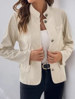 New Women's Winter Coat Comfortable Buttons Elegant Vintage Fashion OL Style Plain School Formal Vacation Office Single Breasted Short Stand Collar Regular Fit Long Sleeve Outerwear Spring Fall Women Blazers & Suits