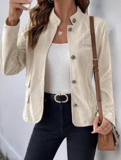 New Women's Winter Coat Comfortable Buttons Elegant Vintage Fashion OL Style Plain School Formal Vacation Office Single Breasted Short Stand Collar Regular Fit Long Sleeve Outerwear Spring Fall Women Blazers & Suits