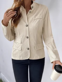 New Women's Winter Coat Comfortable Buttons Elegant Vintage Fashion OL Style Plain School Formal Vacation Office Single Breasted Short Stand Collar Regular Fit Long Sleeve Outerwear Spring Fall Women Blazers & Suits