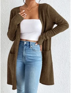 Sale Women's Winter Coat Comfortable Knitting Open Front Fashion Minimalism Plain Outdoor Vacation Home Office Long V Neck Regular Fit Long Sleeve Outerwear Black Brown Grey Spring Fall Women Coats & Trench Coats