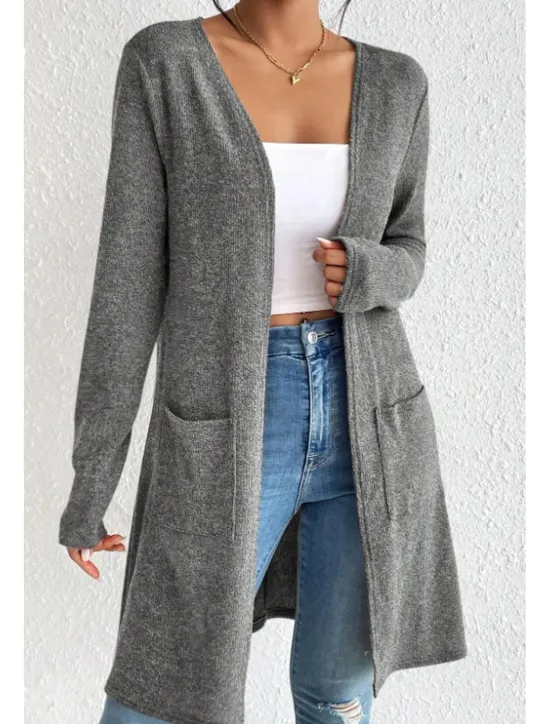 Sale Women's Winter Coat Comfortable Knitting Open Front Fashion Minimalism Plain Outdoor Vacation Home Office Long V Neck Regular Fit Long Sleeve Outerwear Black Brown Grey Spring Fall Women Coats & Trench Coats