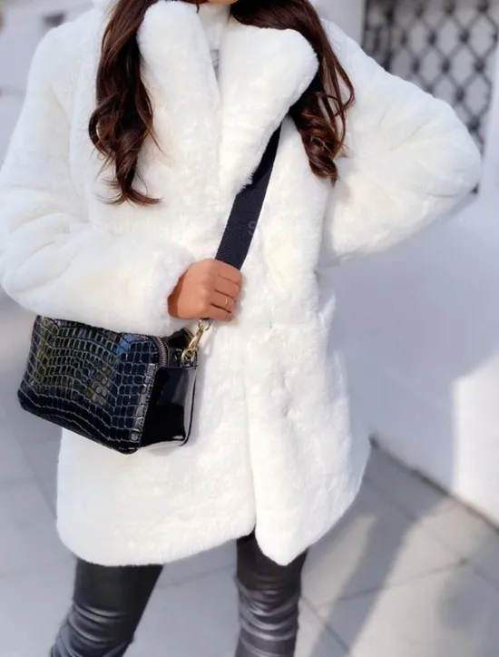 Online Women's Winter Coat Faux Fur Coat Warm Breathable Outdoor Valentine's Day Street Daily Wear Slim Fit Cardigan Lapel Fashion Daily Casual Solid Color Loose Fit Outerwear Long Sleeve Fall Winter Black Women Furs & Leathers