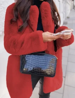 Online Women's Winter Coat Faux Fur Coat Warm Breathable Outdoor Valentine's Day Street Daily Wear Slim Fit Cardigan Lapel Fashion Daily Casual Solid Color Loose Fit Outerwear Long Sleeve Fall Winter Black Women Furs & Leathers