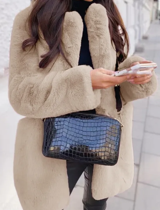 Online Women's Winter Coat Faux Fur Coat Warm Breathable Outdoor Valentine's Day Street Daily Wear Slim Fit Cardigan Lapel Fashion Daily Casual Solid Color Loose Fit Outerwear Long Sleeve Fall Winter Black Women Furs & Leathers