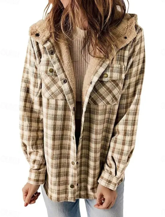 Online Women's Winter Coat Fleece Jacket Hoodie Jacket Outdoor Street Daily Wear Fall Winter Regular Coat Regular Fit Thermal Warm Breathable Stylish Casual Jacket Long Sleeve Stripes and Plaid with Pockets Women Fleece-Lined Jackets