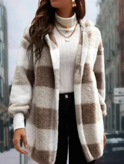 Outlet Women's Winter Coat Fleece Jacket Teddy Coat Warm Breathable Print Fleece Lined Casual Plaid Vacation Street Daily Wear Going out Open Front Regular Hoodie Regular Fit Long Sleeve Outerwear Pink Red Women Jackets