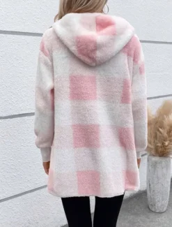 Outlet Women's Winter Coat Fleece Jacket Teddy Coat Warm Breathable Print Fleece Lined Casual Plaid Vacation Street Daily Wear Going out Open Front Regular Hoodie Regular Fit Long Sleeve Outerwear Pink Red Women Jackets