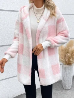 Outlet Women's Winter Coat Fleece Jacket Teddy Coat Warm Breathable Print Fleece Lined Casual Plaid Vacation Street Daily Wear Going out Open Front Regular Hoodie Regular Fit Long Sleeve Outerwear Pink Red Women Jackets