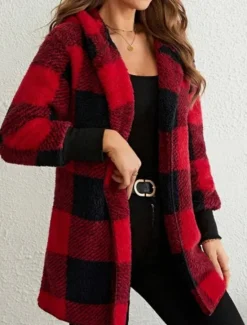 Outlet Women's Winter Coat Fleece Jacket Teddy Coat Warm Breathable Print Fleece Lined Casual Plaid Vacation Street Daily Wear Going out Open Front Regular Hoodie Regular Fit Long Sleeve Outerwear Pink Red Women Jackets