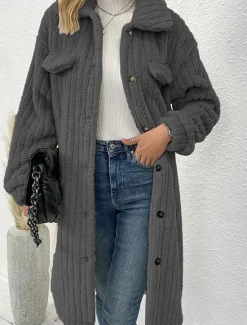 Hot Women's Winter Coat Fleece Jacket Teddy Coat Warm Breathable Pocket Fashion Casual Plain Work Street Single Breasted Long Turndown Loose Fit Long Sleeve Outerwear Brown Dark Grey Beige Fall Winter Women Coats & Trench Coats
