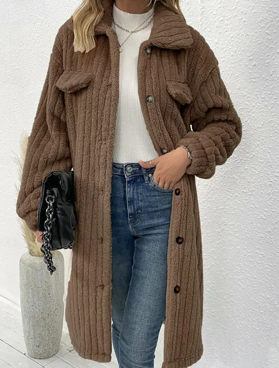 Hot Women's Winter Coat Fleece Jacket Teddy Coat Warm Breathable Pocket Fashion Casual Plain Work Street Single Breasted Long Turndown Loose Fit Long Sleeve Outerwear Brown Dark Grey Beige Fall Winter Women Coats & Trench Coats