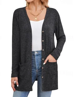 Online Women's Winter Coat Lightweight Pocket Knitting Elegant Vintage Fashion Daily Plain School Outdoor Vacation Home Buttoned Front Short V Neck Regular Fit Long Sleeve Outerwear Black Red Royal Blue Women Coats & Trench Coats