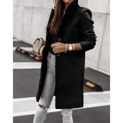 New Women's Winter Coat Long Overcoat Fall Stand Collar Trench Coat Warm Windproof Pea Coat with Pockets Formal Stylish Casual Street Jacket Long Sleeve Black White Khaki Women Coats & Trench Coats