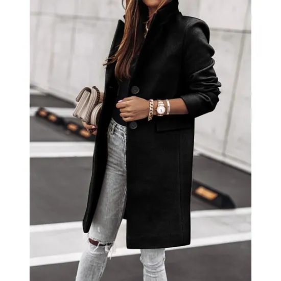 New Women's Winter Coat Long Overcoat Fall Stand Collar Trench Coat Warm Windproof Pea Coat with Pockets Formal Stylish Casual Street Jacket Long Sleeve Black White Khaki Women Coats & Trench Coats