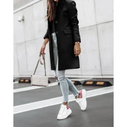 New Women's Winter Coat Long Overcoat Fall Stand Collar Trench Coat Warm Windproof Pea Coat with Pockets Formal Stylish Casual Street Jacket Long Sleeve Black White Khaki Women Coats & Trench Coats