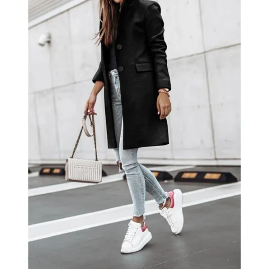 New Women's Winter Coat Long Overcoat Fall Stand Collar Trench Coat Warm Windproof Pea Coat with Pockets Formal Stylish Casual Street Jacket Long Sleeve Black White Khaki Women Coats & Trench Coats