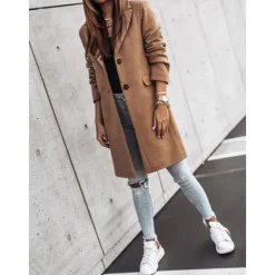 New Women's Winter Coat Long Overcoat Fall Stand Collar Trench Coat Warm Windproof Pea Coat with Pockets Formal Stylish Casual Street Jacket Long Sleeve Black White Khaki Women Coats & Trench Coats