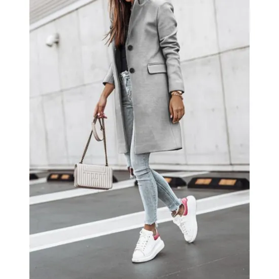 New Women's Winter Coat Long Overcoat Fall Stand Collar Trench Coat Warm Windproof Pea Coat with Pockets Formal Stylish Casual Street Jacket Long Sleeve Black White Khaki Women Coats & Trench Coats