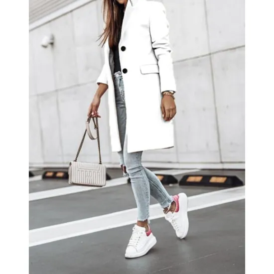 New Women's Winter Coat Long Overcoat Fall Stand Collar Trench Coat Warm Windproof Pea Coat with Pockets Formal Stylish Casual Street Jacket Long Sleeve Black White Khaki Women Coats & Trench Coats