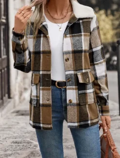 Discount Women's Winter Coat Outdoor Street Daily Wear Fall Winter Regular Coat Regular Fit Thermal Warm Breathable Stylish Casual Jacket Long Sleeve Stripes and Plaid with Pockets Fur Collar Women Coats & Trench Coats