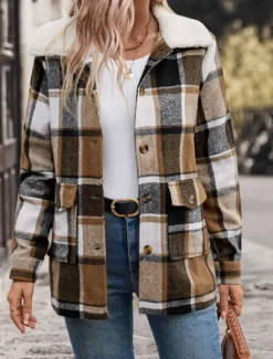 Discount Women's Winter Coat Outdoor Street Daily Wear Fall Winter Regular Coat Regular Fit Thermal Warm Breathable Stylish Casual Jacket Long Sleeve Stripes and Plaid with Pockets Fur Collar Women Coats & Trench Coats