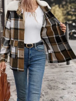 Discount Women's Winter Coat Outdoor Street Daily Wear Fall Winter Regular Coat Regular Fit Thermal Warm Breathable Stylish Casual Jacket Long Sleeve Stripes and Plaid with Pockets Fur Collar Women Coats & Trench Coats