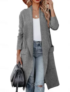 Women's Winter Coat Outdoor Street Daily Fall Winter Long Coat Regular Fit Warm Breathable Comtemporary Stylish Jacket Long Sleeve Solid Color with Pockets Blue Coffee Gray Women Cardigans & Outerwears
