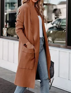 Women's Winter Coat Outdoor Street Daily Fall Winter Long Coat Regular Fit Warm Breathable Comtemporary Stylish Jacket Long Sleeve Solid Color with Pockets Blue Coffee Gray Women Cardigans & Outerwears