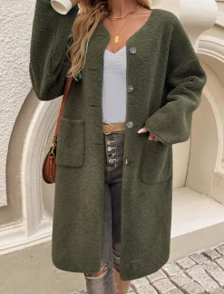 Best Women's Winter Coat Outdoor Street Daily Wear Fall Winter Long Coat Regular Fit Thermal Warm Breathable Stylish Casual Jacket Long Sleeve Plain with Pockets Army Green Khaki Apricot Women Coats & Trench Coats