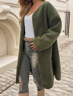 Best Women's Winter Coat Outdoor Street Daily Wear Fall Winter Long Coat Regular Fit Thermal Warm Breathable Stylish Casual Jacket Long Sleeve Plain with Pockets Army Green Khaki Apricot Women Coats & Trench Coats