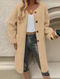 Best Women's Winter Coat Outdoor Street Daily Wear Fall Winter Long Coat Regular Fit Thermal Warm Breathable Stylish Casual Jacket Long Sleeve Plain with Pockets Army Green Khaki Apricot Women Coats & Trench Coats