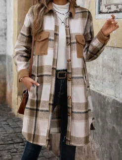 Outlet Women's Winter Coat Outdoor Street Daily Wear Fall Winter Long Coat Regular Fit Thermal Warm Breathable Stylish Casual Jacket Long Sleeve Stripes and Plaid with Pockets Print Wine Coffee Gray Women Coats & Trench Coats