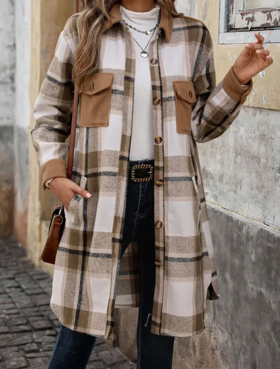 Outlet Women's Winter Coat Outdoor Street Daily Wear Fall Winter Long Coat Regular Fit Thermal Warm Breathable Stylish Casual Jacket Long Sleeve Stripes and Plaid with Pockets Print Wine Coffee Gray Women Coats & Trench Coats