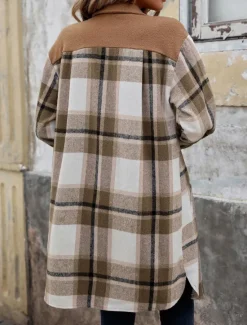 Outlet Women's Winter Coat Outdoor Street Daily Wear Fall Winter Long Coat Regular Fit Thermal Warm Breathable Stylish Casual Jacket Long Sleeve Stripes and Plaid with Pockets Print Wine Coffee Gray Women Coats & Trench Coats