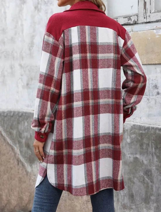 Outlet Women's Winter Coat Outdoor Street Daily Wear Fall Winter Long Coat Regular Fit Thermal Warm Breathable Stylish Casual Jacket Long Sleeve Stripes and Plaid with Pockets Print Wine Coffee Gray Women Coats & Trench Coats