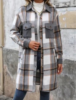Outlet Women's Winter Coat Outdoor Street Daily Wear Fall Winter Long Coat Regular Fit Thermal Warm Breathable Stylish Casual Jacket Long Sleeve Stripes and Plaid with Pockets Print Wine Coffee Gray Women Coats & Trench Coats