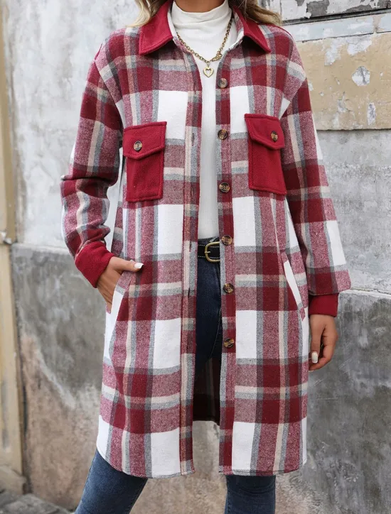 Outlet Women's Winter Coat Outdoor Street Daily Wear Fall Winter Long Coat Regular Fit Thermal Warm Breathable Stylish Casual Jacket Long Sleeve Stripes and Plaid with Pockets Print Wine Coffee Gray Women Coats & Trench Coats