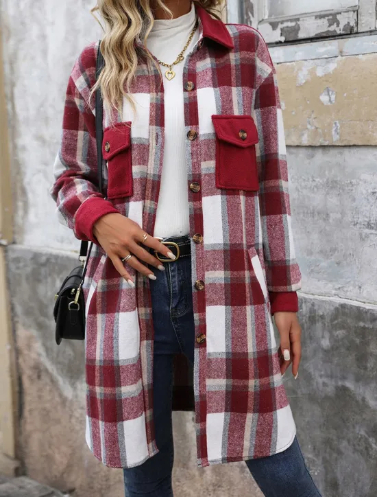 Outlet Women's Winter Coat Outdoor Street Daily Wear Fall Winter Long Coat Regular Fit Thermal Warm Breathable Stylish Casual Jacket Long Sleeve Stripes and Plaid with Pockets Print Wine Coffee Gray Women Coats & Trench Coats
