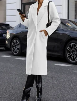 Women's Winter Coat Outdoor Street Daily Wear Fall Winter Long Coat Regular Fit Thermal Warm Breathable Stylish Casual Jacket Long Sleeve Plain with Pockets White Red Khaki Women Coats & Trench Coats